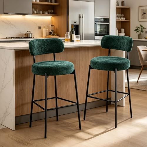 Image of Bar Stools, 30 inch Tall Bar Stools Set of 2, Boucle Upholstered Counter Height Bar Stools, Modern Bar Chairs Metal Frame with Back and Footrest for Kitchen Island,Green Barstools