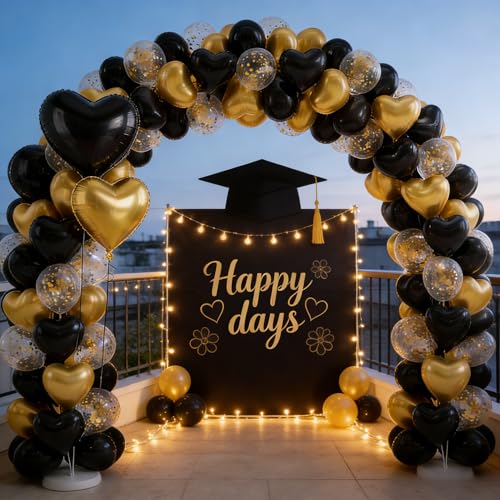 Image of Black & Gold Heart Balloons Party Decorations, Heart Shaped Foil and Latex Balloon Decorations for Men Women Happy Birthday Party, Retirement, Graduation, Anniversary, Baby Shower, Wedding, Engagement