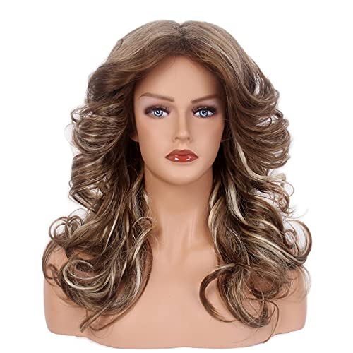 REEWES 70's Farrah Fawcett Wig for Women Lady Natural Synthetic Full Wigs Vintage Cosplay Costume Disco Feathered Hair (Brown Highlight)