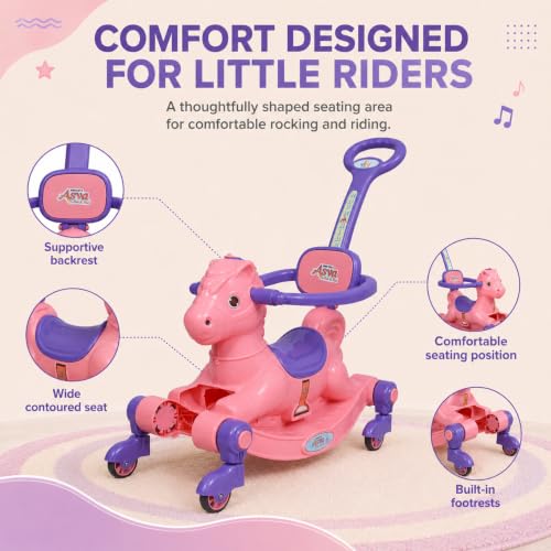 Image of 3 in 1 Baby Horse Rider for Kids 1-5 Years with Parent Handle, Rocking Horse, Ride On Toy, 360 Safety Guard, Music, Swivel Wheels, Backrest, Baby Ride On for Boys & Girls (Pink)