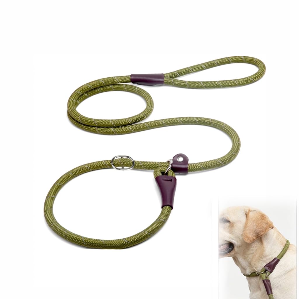 Slip Lead for Dogs [1.8m x 1.3cm] - One-Size-Fits-All Rope Leash with Reflective Stitching, Heavy Duty Training Lead for Large Medium Small Dogs, Durable Climbers Rope Dog Lead, No Collar Needed, Gree
