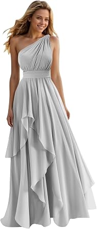 A Line One Shoulder Bridesmaid Dresses for Wedding Ruffles Chiffon Long Formal Evening Party Gowns with Pockets Silver