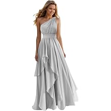 A Line One Shoulder Bridesmaid Dresses for Wedding Ruffles Chiffon Long Formal Evening Party Gowns with Pockets Silver