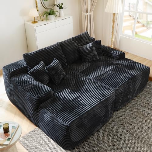 Image of HOOOWOOO Chaise Lounging Sleeping Sofa, 81x67 Assembly Free Modern Minimalist Sofa, Extra Deep Large Sofa Set, Free Standing Floor Couch in A Box for Living Room (Black Velvet Upholstered)