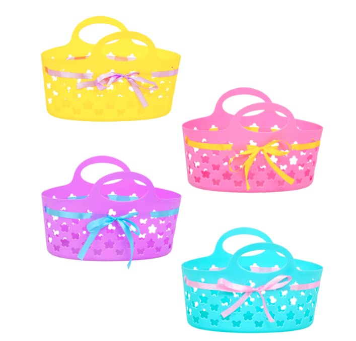 LSM Oval Plastic Baskets with Ribbons Set of 4, 8.375x11.625x7.5 in. Exclusively Bundled with Oggetto,Colors May Vary