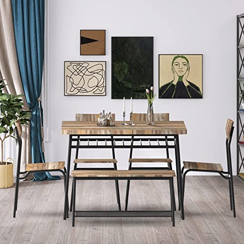 Sthouyn 6 Piece Dining Table Set, Kitchen Table And Chairs For 6, Dining Room Dinner Table Set W/Storage Rack For Home, Apt, 4 Chairs, Bench, Small Space (Retro Brown (6 Piece)) #TOP2