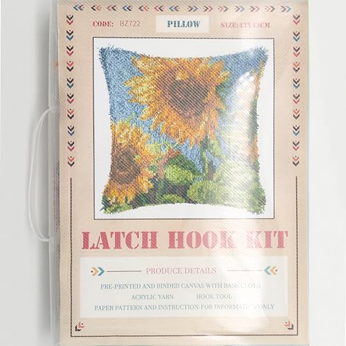 Image of Howie's Latch Hook Kit, DIY Sunflower Pillow Crochet Yarn Kits for Adults, Color Preprinted Pattern Embroidery Sofa Cushion Cover (Sunflower, 16.93 x 16.93 inch)