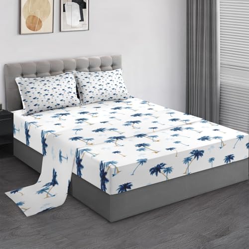 Pamnest Queen Size Bed Sheet Sets, Palm Tree Leaf Hawaii Soft Microfiber 4 Pcs Bedding Sets for Kids and Adults Bedroom Bed Decor, Tropical Beach Flat, Fitted Sheet and 2 Pillowcases