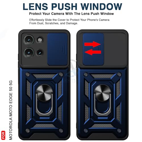 Image of AESTMO Polycarbonate Tough Armor Motorola Moto Edge 50 5G Bumper Back Case Cover | Ring Holder & Sliding Camera Shield Cover | 360 Degree Protection Back Case Cover for Motorola Moto Edge 50 5G(Blue)