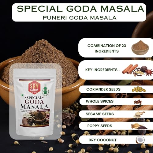 Image of SRV Spices Goda Masala - 250gm | Traditional Maharashtrian spices | Iron Pounded, Sweet Aroma, Preserves Natural Oils | Brahmani Puneri Kala Masala for Dal, Khichdi, Veg Curries & Bhaji