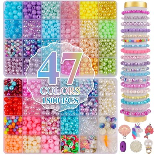 XSEINO Pearl Beads,1800PCS 8mm and 6mm,47 Colors Multicolor for Crafts with Holes for Jewelry Making, Small Pearl Filler Beads for Crafting Bracelet Necklace Earrings