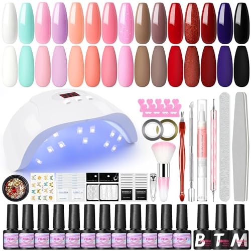 COSCELIA Juego de esmaltes de uñas de gel en 15 colores, con lámpara UV de 36 W, con capa base y capas de acabado brillante y mate, para decoración de uñas, set de manicura para principiantes