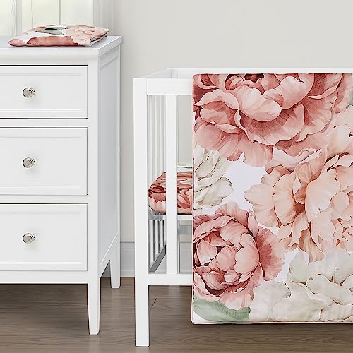Image of Sweet Jojo Designs Blush Pink Boho Shabby Chic Floral Girl Baby Mini Crib Bedding Set Infant Nursery Room Newborn Blanket Portable Pack n Play Sheets 3pc Off White Ivory Bohemian Vintage Watercolor