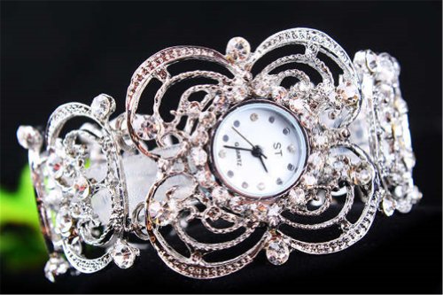 ASHIA New Fashion Silver White Engraved Retro Rhinestone Bracelet Watches Cuff Watches for Girls Ladies (With Gift Box)