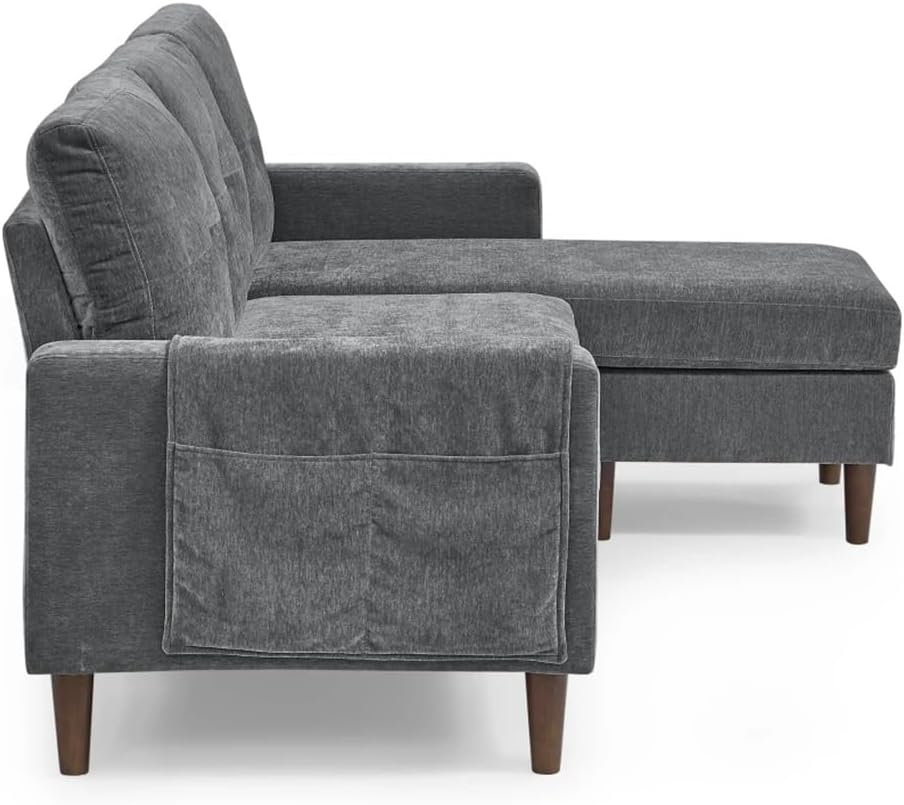 Cushions,Pocket Rubber Wood Legs,Dark Grey Convertible Sofa