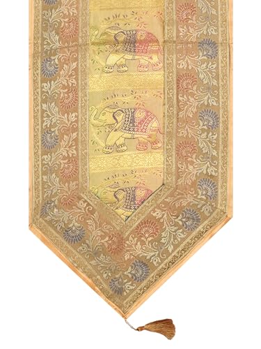 Image of Banarasi Brocade Zari Silk Table Runner Dinning & Centre Table Runner 177 By 30 CM (Beige, Elephant)