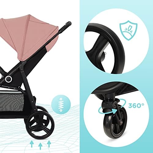 Kinderkraft Grande Plus Stroller Pushchair for Toddlers from Birth to 22 kg, Extra-Large Hood, Lie-Flat Position, Folding with one Hand, Shock Absorption on All Wheels, Pink