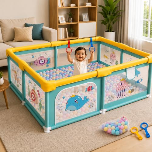 Image of MONSTECH Large Baby Playpen 150x180cm Pit Balls Playpen for Baby up to 5 Years with Anti-Fall Rings, Safety Lock, Breathable Mesh, Kids Activity Center Play Pen (Large-Green)