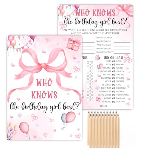 Image of Who Knows The Birthday Girl Best, Pink Party Game Card Set, 5x7 inch, Pink Bow Theme Girls Sleepover Party Supplies, Girls Birthday Night Game Ideas, 20 Cards + 20 Pencils