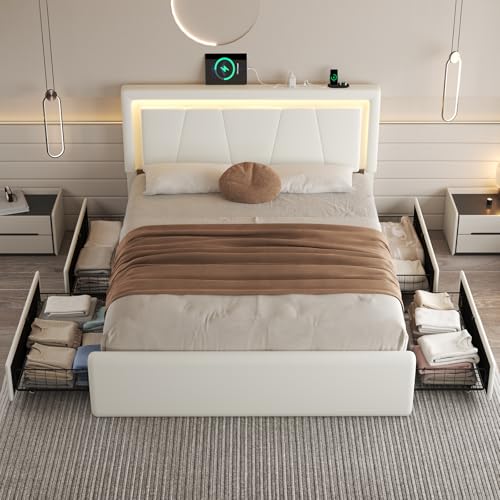 Image of Queen Size Bed Frame with 4 Storage Drawers, Upholstered Headboard, White