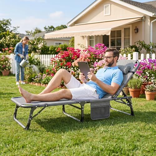 Image of ABORON 3-in-1 Folding Patio Lounge Chair, 440LB Heavy-Duty Tri-Fold Guest Bed with Plush Cotton Cushion, No Assembly Adjustable Recliner for Office Nap, Patio Sunbathing, Poolside & Camping