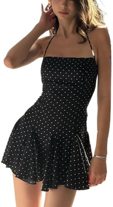 Polka Dot Halter Mini Dress for Women Y2k Sleeveless Ruffle Hem Backless Mini Dress Vintage Streetwear Summer