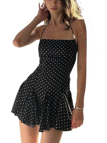 JOLILUNA Polka Dot Halter Mini Dress for Women Y2k Sleeveless Ruffle Hem Backless Mini Dress Vintage Streetwear Summer (Small,Black)