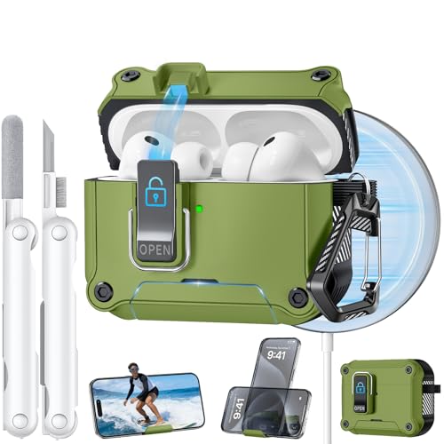 Image of Dual Safety Lock for AirPods Pro 3 Case 2025, Compatible with MagSafe | Designed with Automatic Switch and Phone Stand, Includes a Cleaner & Keychain - Rugged Tough Hard Shell, White
