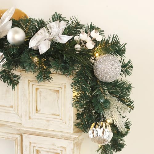 6 Ft Christmas Garland with Lights, Lighted Garland for Decorating Christmas, Christmas Garland Outdoor Waterproof, Pre-lit Garland for Stairs Railing Christmas Table Door Fireplace, White & Sliver