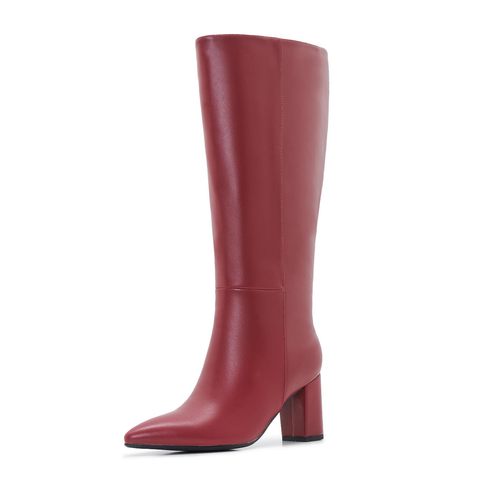 Wide Calf Knee High Boots For Women Plus Size Side Zipper Leather Chunky Heel Boots Heeled Pointed Toe
