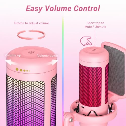 Image of TONOR Gaming Microphone Set, Vocal Condenser Mic fop PC Gamers with RGB | Boom Arm Set, USB Mic with Controllable Light, One Tap Mute, Volume Control, for Discord, Twitch Streaming, Pink, TC310+