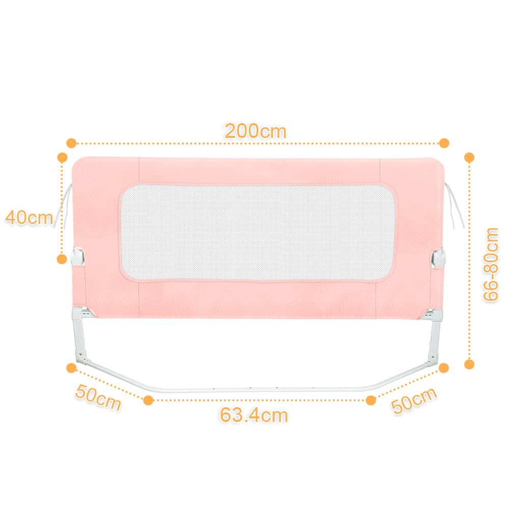 Barrière de Lit Bébé 200×73-86cm Réglable Hauteur Anti-Chute Rose