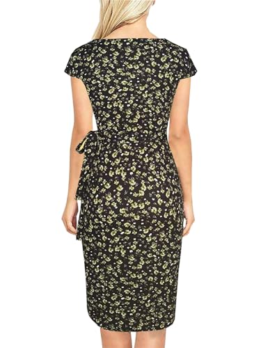 Image of Women's Vintage Cap Sleeves Asymmetrical Neckline Sheath Bodycon Casual Work Cocktail Party Pencil Faux Wrap Dresses