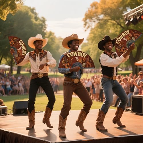 Image of Cowboy Fans for Line Dancing, 13inch Large Hand-held Flat Fan Western Style Popping Fan for Party, Festival, Club, Dancing