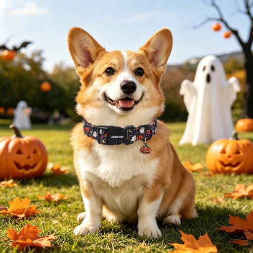 Image of ARING PET Halloween Dog Collar for Puppy Small Medium Large Dog-Black L | Cute Festival Spooky Night Doggy Collars for XS S M L XL Boy Girl Dog, Ghost Pumpkin, Soft Comfy Sturdy, Trick or Treat Party