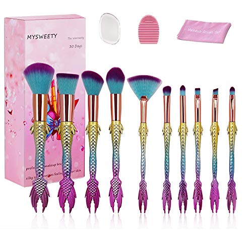 Mermaid Makeup Brush Set, MYSWEETY 10pcs Rainbow Unique Mermaid Makeup Brushes Set, Unicorn Fish Style Foundation Powder Cream Blush Brush Tool with 1pcs Silicone Makeup Sponge + 1pc Makeup Wash Egg