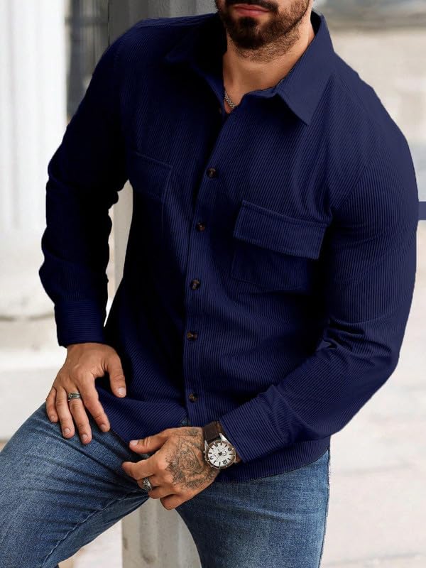 Image of COMBRAIDED Corduroy Men's Full Sleeve Casual Striped Shirt - Comfort Fit, Ideal Stylish and Versatile Clothing