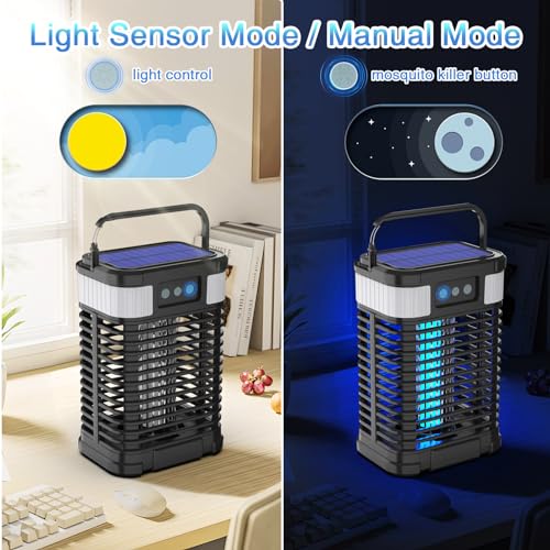 Solar Insektenvernichter, Elektrischer Mückenlampe, USB wiederaufladbare Insektenfalle, wasserdichter Fliegenvernichter, 4200V Mückenfalle UV-Licht ungiftig für im Innen- und Außenbereich (Schwarz)