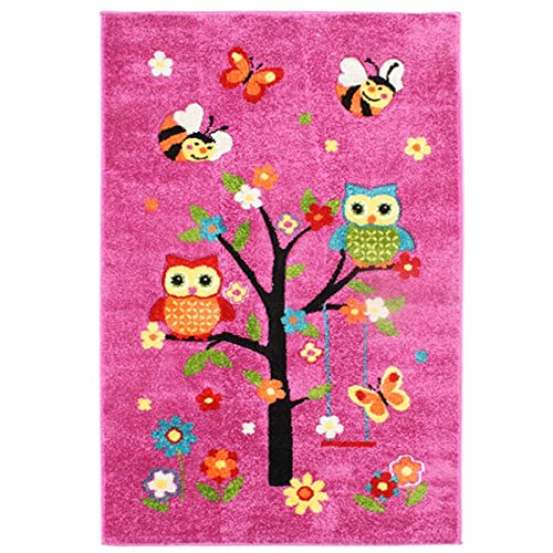 Thedecofactory Tapis Enfant Toucher Laine imprimé Chouettes Rose 100x150