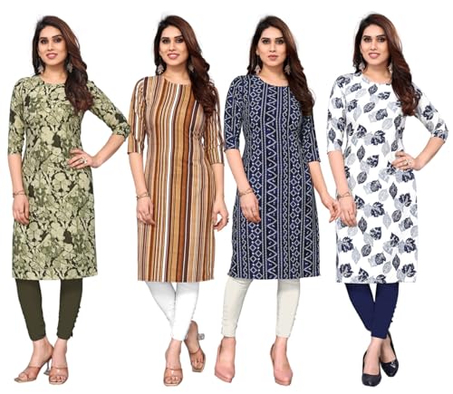 Image of JAKHANA Women's Crepe Printed Casual Straight Calf Length Round Nick Kurta Pack of 4