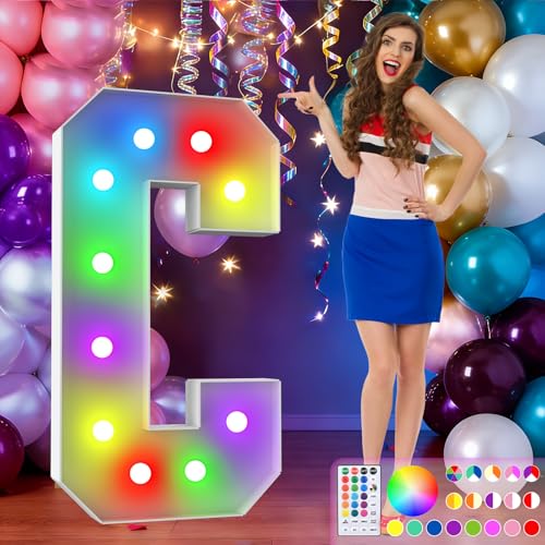 Image of 4FT Colorful Marquee Letters,18-Color Letter C with Remote Control Large Light Up Numbers Sign,Pre-Cut Foam Board Set for Party Decoration, Birthdays, Weddings, Graduations, Baby Anniversaries