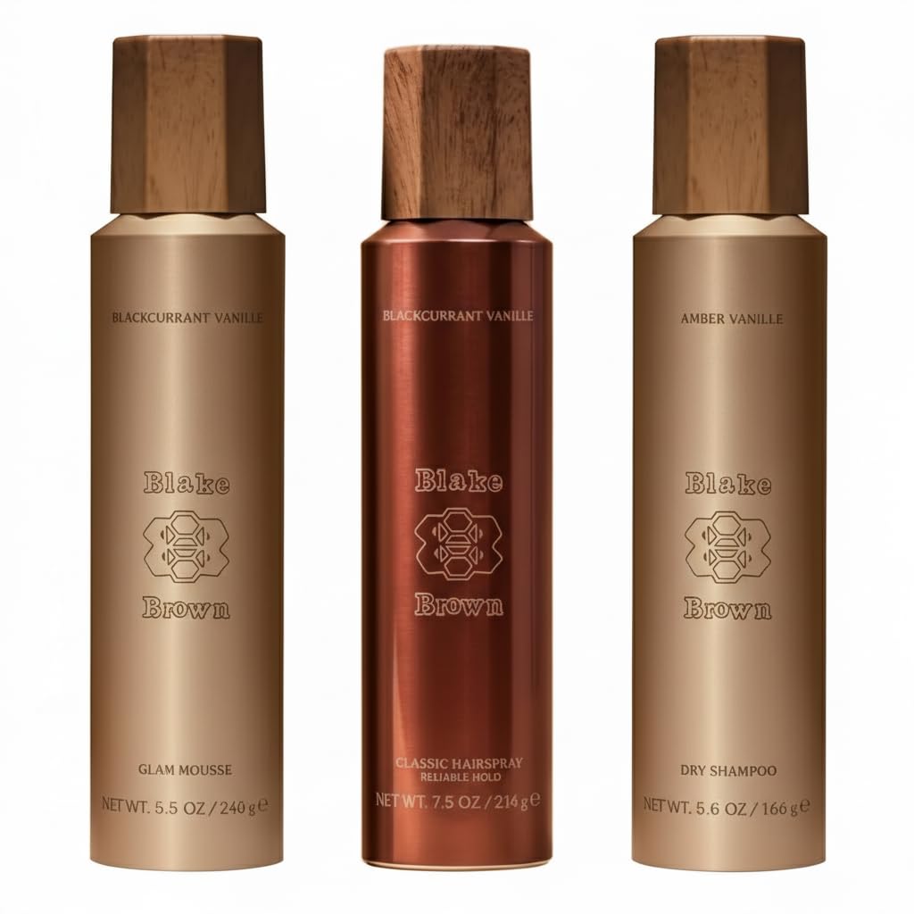 Blake Brownn Hair Styling Trio – Dry Shampoo, Glam Mousse & Classic Hairspray | Amber Vanille & Blackcurrant Vanille | Lightweight Volume, Flexible Hold & Fresh Fragrance