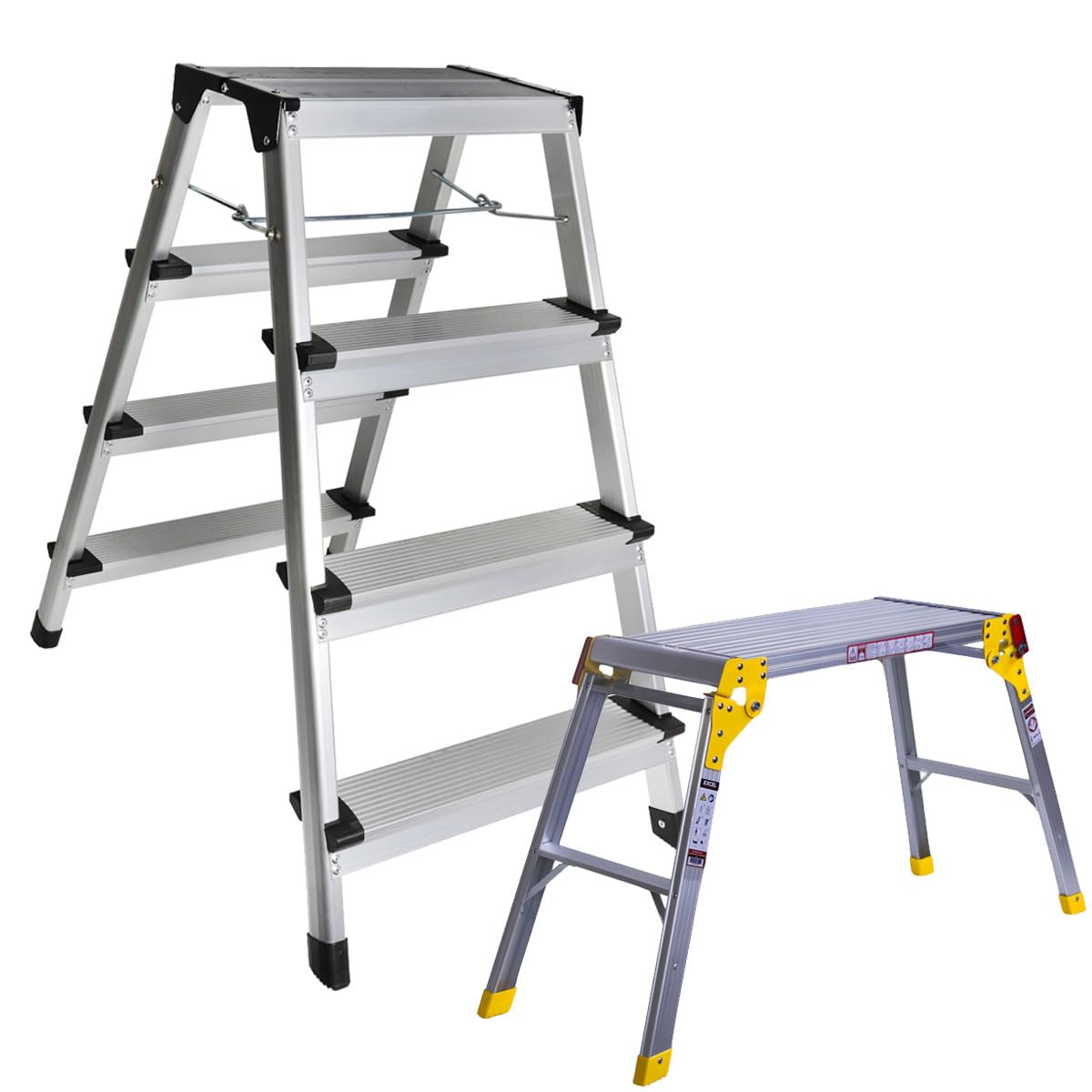 Excel AluminiumStoolLadder 4 Tread with Work Bench Folding HopUp 300mm - Aluminiumhopup, AluminiumStool, AluminiumLadder, Foldable Hopup, Portable hopup, Foldableladder