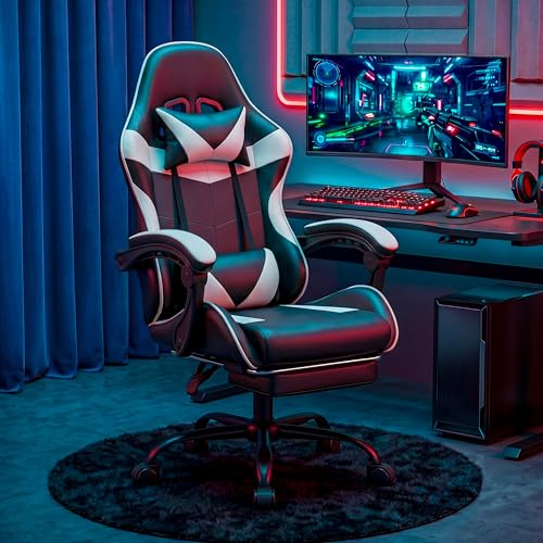 Image of Gaming Chair, Ergonomic Computer Chair with Footrest and Lumbar Support, Height Adjustable Office Chair with 360 Swivel Seat and Headrest (Black & White)