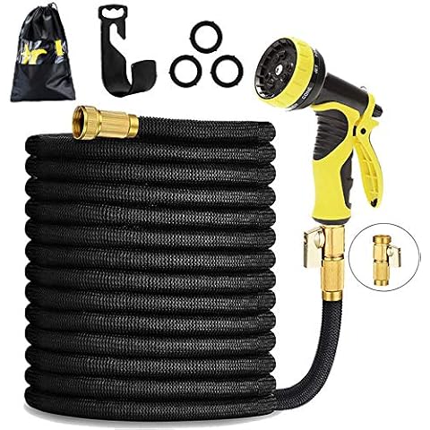 HmiL-U Garden Hose 50ft 15m Strongest Double Latex Inner Tube Prevent Leaking Magic Hosepipe with 9 Function Spray Gun+Solid Brass Fittings (Retracted Length 17ft)【2 YEARS 100% Guaranteed】(50ft) Cover