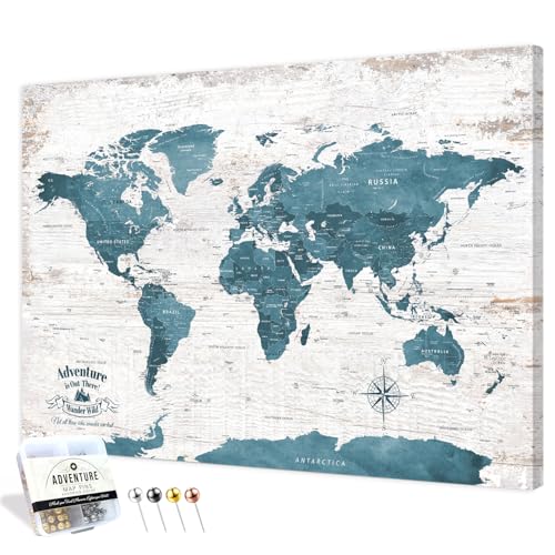 Image of IPIC - Antique Blue World Travel Map, Pin Board Canvas Wall Art, Travel Map with Pins Included, Ready to Hang for Home or Office, 24x16 Inch