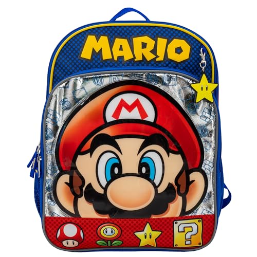 AI ACCESSORY INNOVATIONS Super Mario Brothers Backpack, 16” Nintendo School Bag Featuring a Big Face Mario, Blue & Red
