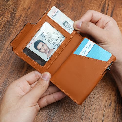 Minimalist Pop Up Wallet for Men | RFID Blocking Credit Card Holder Wallet with Money Clip | Mens Wallet Slim Bifold Front Pocket Metal Case with Gift Box (Genuine Full Grain Leather)2
