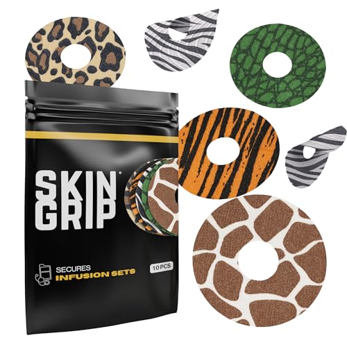Image of Skin Grip Universal Adhesive Patches for CGM and Insulin Pumps (10-Pack), 0.8-Inch Hole, Waterproof & Sweatproof for 10-14 Days, Pre-Cut Adhesive Tape, Continuous Glucose Monitor Protection, (Animal)