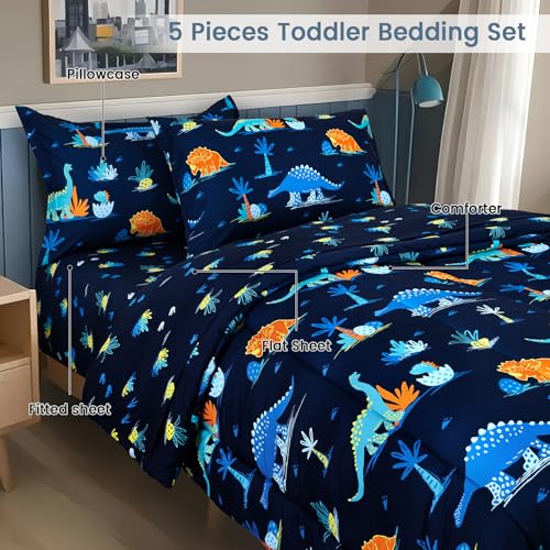 Image of david's kids 5 Piece Twin Comforter Set - Soft Breathable Bedding Twin Set for Boys Girls, Includes Quilted Comforter, Flat Sheet, Fitted Sheet, Pillowcase and Pillowsham, Dinosaur Navy